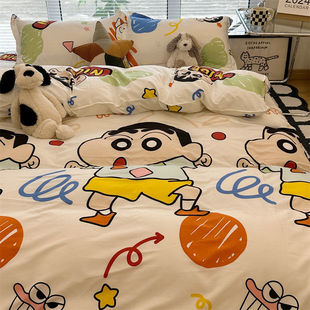 Cartoon Crayon Small New Washed Cotton Bed Sheet Green Quilt Bedding Four-piece Set Student Dormitory Single Three-piece Set