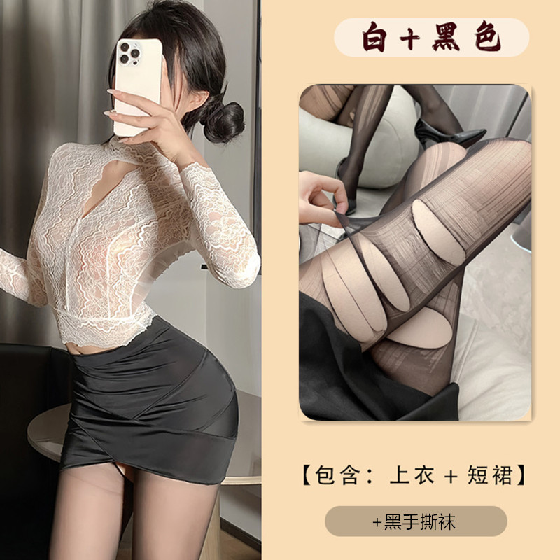 흰색 + 검정색 [탑 + 스커트 + 끈 팬티] + 검정색 손으로 찢은 양말