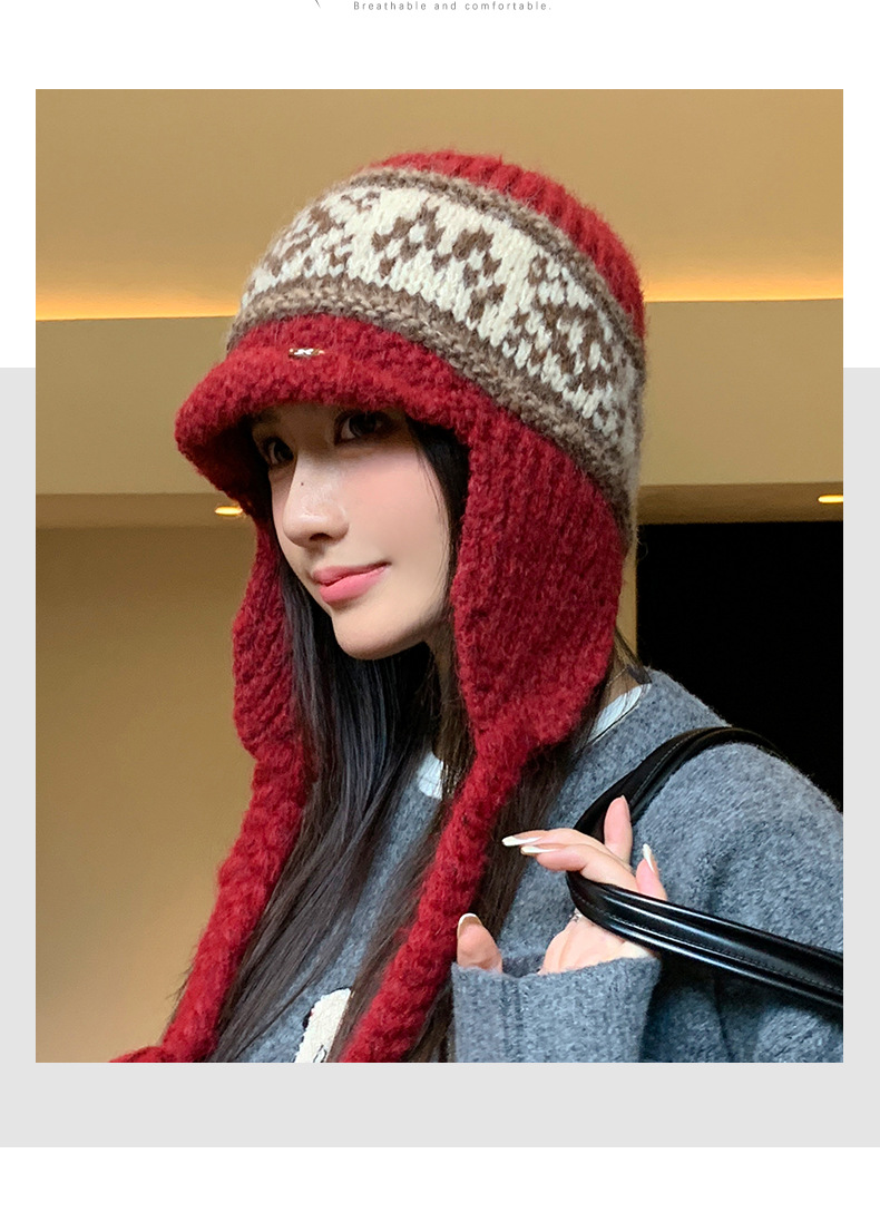 Fair Isle Style Retro Knitted Wool Autumn Winter Fleece Lined Thickened Warm Ear Protection Versatile Large Head_voghion.com