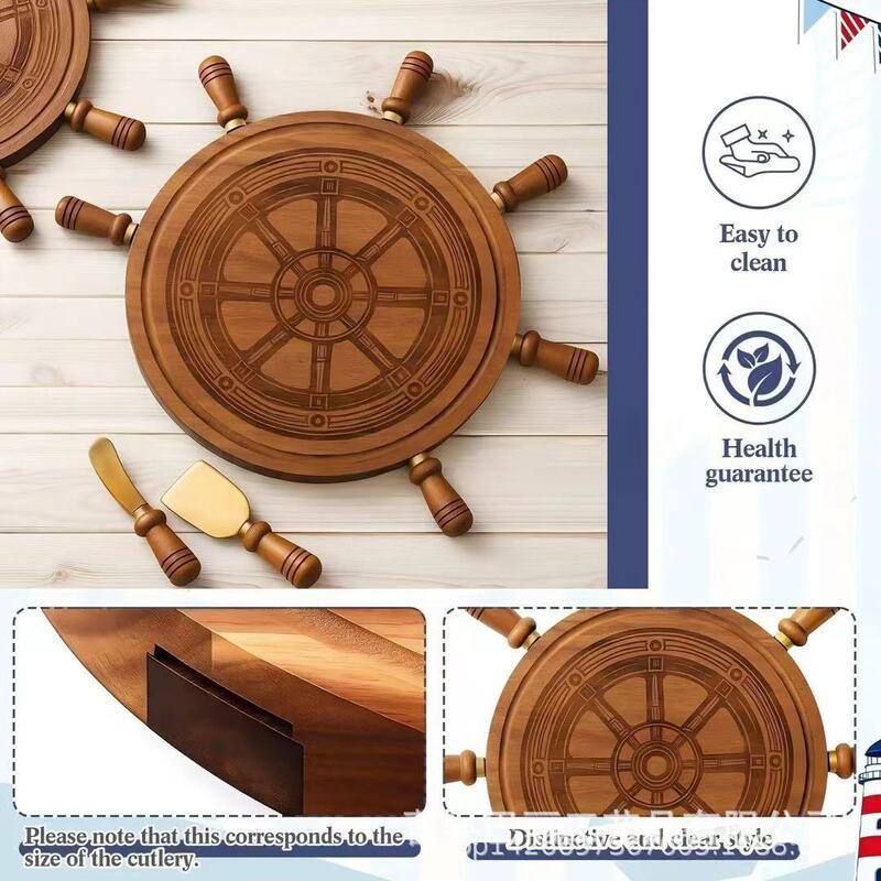 Wooden Ship's Wheel Cheese Board Set Nautical Style Cheese Plate with Knife and Fork Creative Home-Use Deli Tray