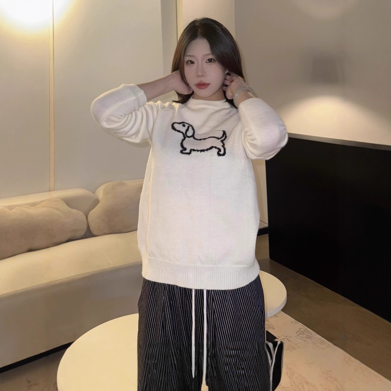 新款跨境女装毛衣定制空心小狗刺绣厚秋冬圆领套头针织毛衣女上衣