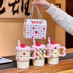 かわいいアップルセラミックカップ蓋付き高颜値カップルマグカップ女子家庭用オフィスシリコンストローカップ