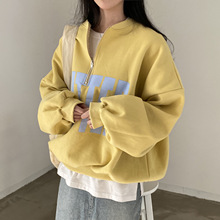 韩国东大门秋冬慵懒风宽松韩版个性立领字母印花加厚印花卫衣外套