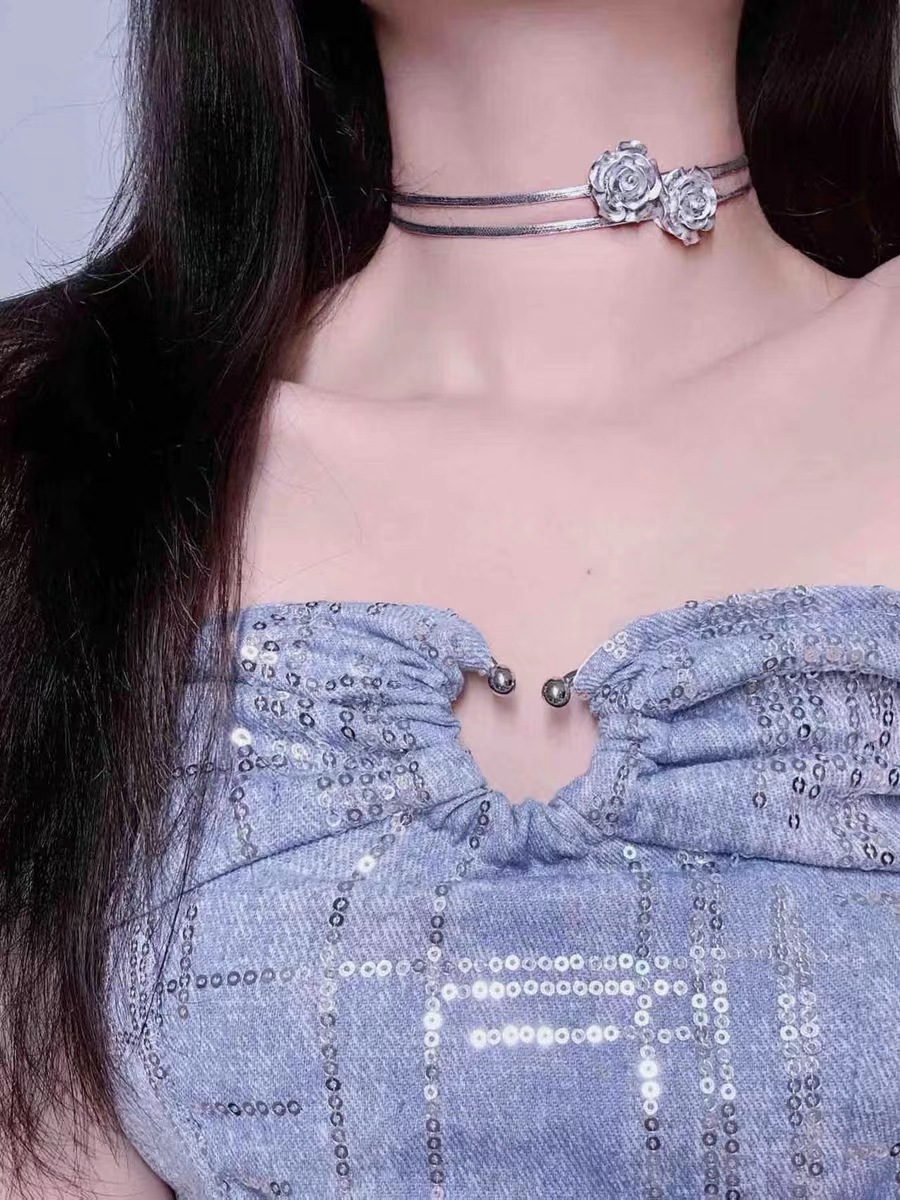 Zilvergrijze roze dubbellaagse nis, lief en cool pittig meisjessleutelbeen choker halsketting, trendy_voghion.com