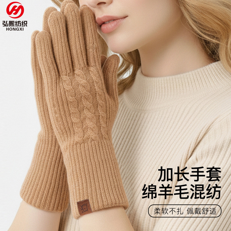 Winter Velvet Gloves for Women, Wool Blended Arm Extension Warm Gloves for Men, Outdoor Cycling Touch Screen Gloves for Women