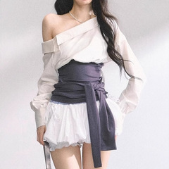Shao Yeyan 韓国モデルトップフレンチスラントショルダーホットガール Tシャツレディース夏ウエスト痩身デザイン通勤シャツトップ