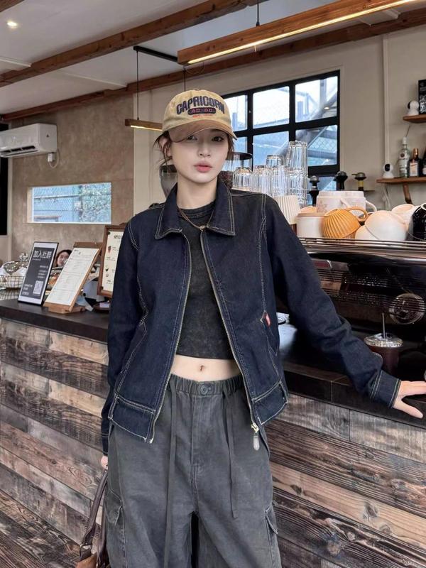 美式复古短款拉链休闲牛仔夹克外套女2025早秋薄款港风运动上衣潮|undefined
