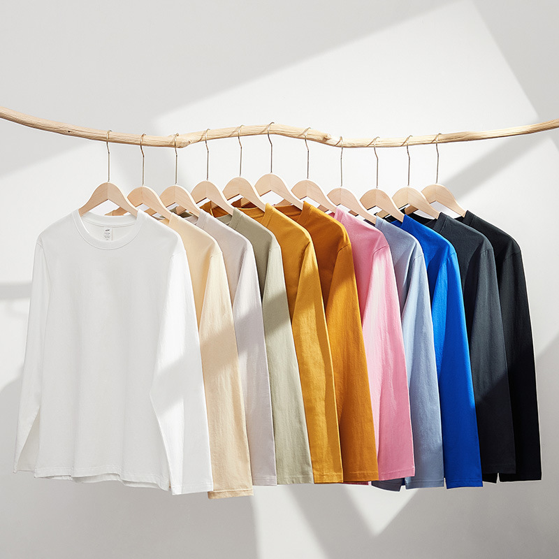 180g Autumn Xinjiang Combed Polyester Heavyweight Crew Neck Plain Long Sleeve Men's T-shirt Loose Base Shirt Men's Clothing