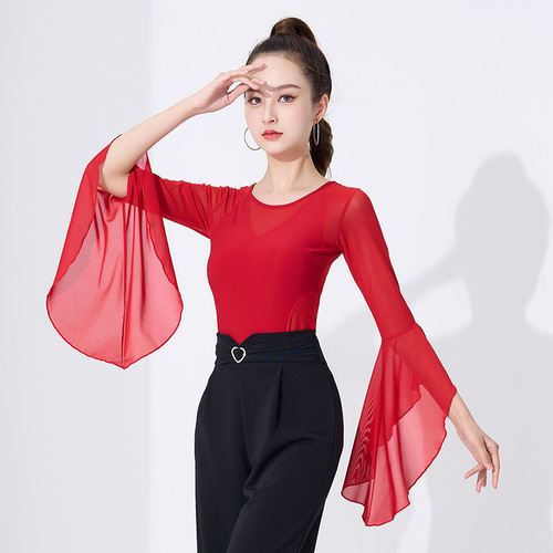 Modern dance top Latin dance practice national standard ballroom dance jitterbug fashion dance top trumpet sleeve performance clothing