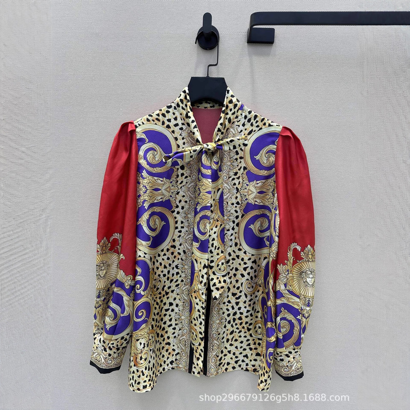 French Retro Luxury Baroque Palace Cheetah Print Ribbon Bow Long-Sleeved Mulberry Silk Shirt for Women