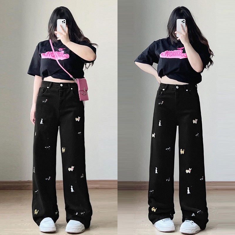 2026 super popular fun puppy embroidered pants loose straight leg long pants plus size black jeans for women