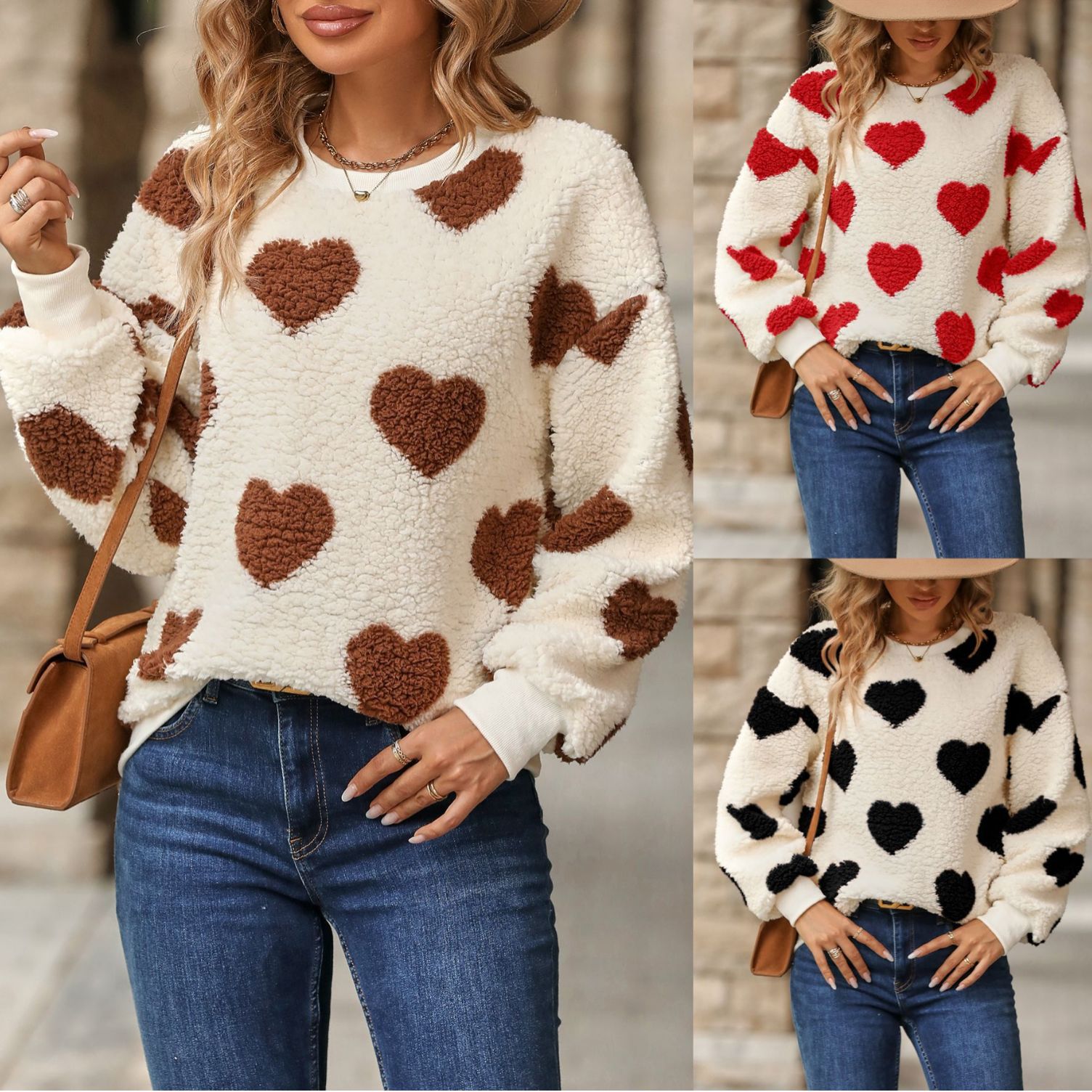 Flash velvet 2023 cross-border women's clothing European and American autumn and winter new plush love printing loose long sleeve round neck pullover sweater
