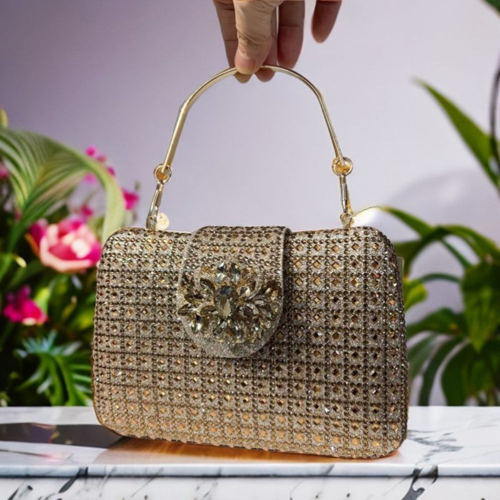 Túi clutch nữ đính đá pha lê dự tiệc sang trọng 19×13.5×4 cm — sâm panh chi tiết 7