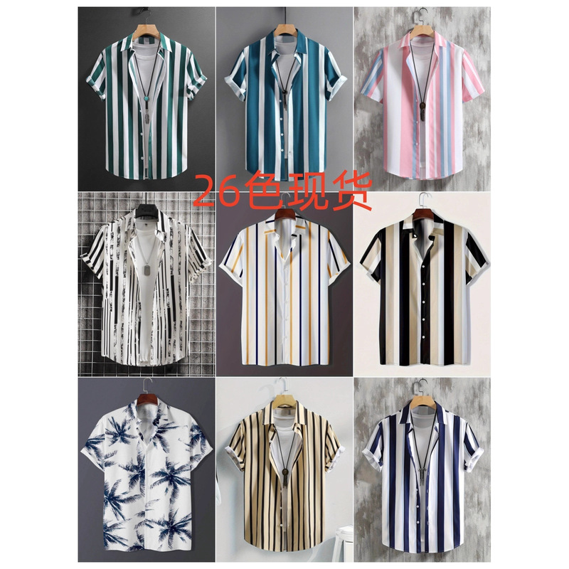 Cross-Border Amazon Men's Short-Sleeved Button Casual Vacation Men's Summer Striped Printed Casual Short-Sleeved Shirt Cross-Border Amazon Men's Short-Sleeved Button Casual Vacation Men's Summer Striped Printed Casual Short-Sleeved Shirt