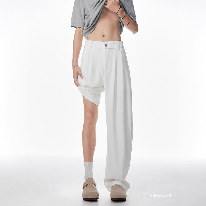 White Drapey Ice Silk Men's Summer Thin High-End Wide-Leg Pants Cleanfit Slimming Casual Long Trousers White Drapey Ice Silk Men's Summer Thin High-End Wide-Leg Pants Cleanfit Slimming Casual Long Trousers