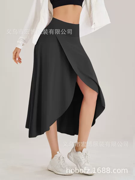 European and American Cross-Border Fashion Irregular Slit Solid Color Skirt Women's Dance Sports Yoga Skirt