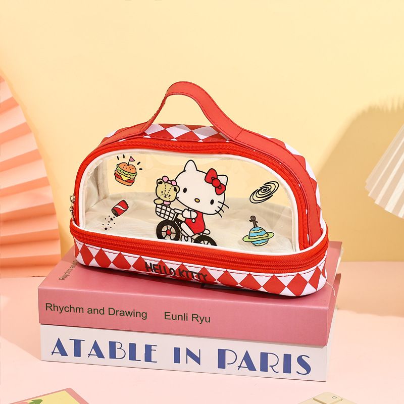 Cartoon Sanrio estuche para lápices estilo ins portátil de doble capa transparente de gran capacidad lindo bolso de papelería tridimensional Kulomi