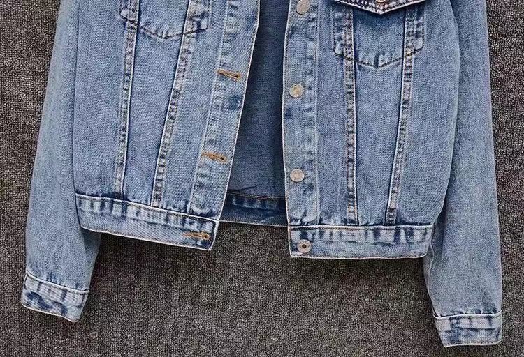 Damen-Jeansjacke mit Perlenverzierungen, kurze Länge, Übergröße, stilvoll und bequem für die Freizeit – Schwarz, Weiß, Himmelblau_voghion.com