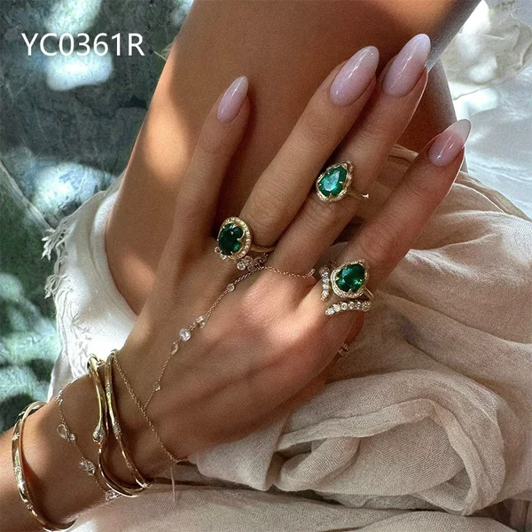 European and American cross-border ins luxury cultivated emerald ring S925 sterling silver plated with 18k gold stackable ring set