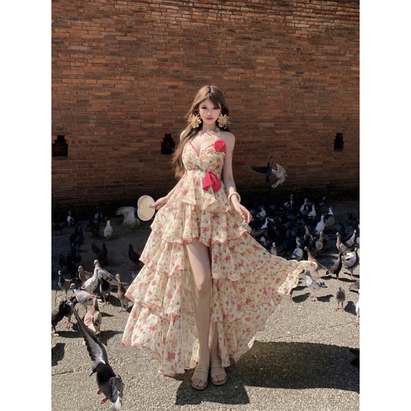Summer Sweet and Spicy Sexy Vacation Style V-Neck Halter Floral Tiered Dress Long Dress with Matching Shorts for Women
