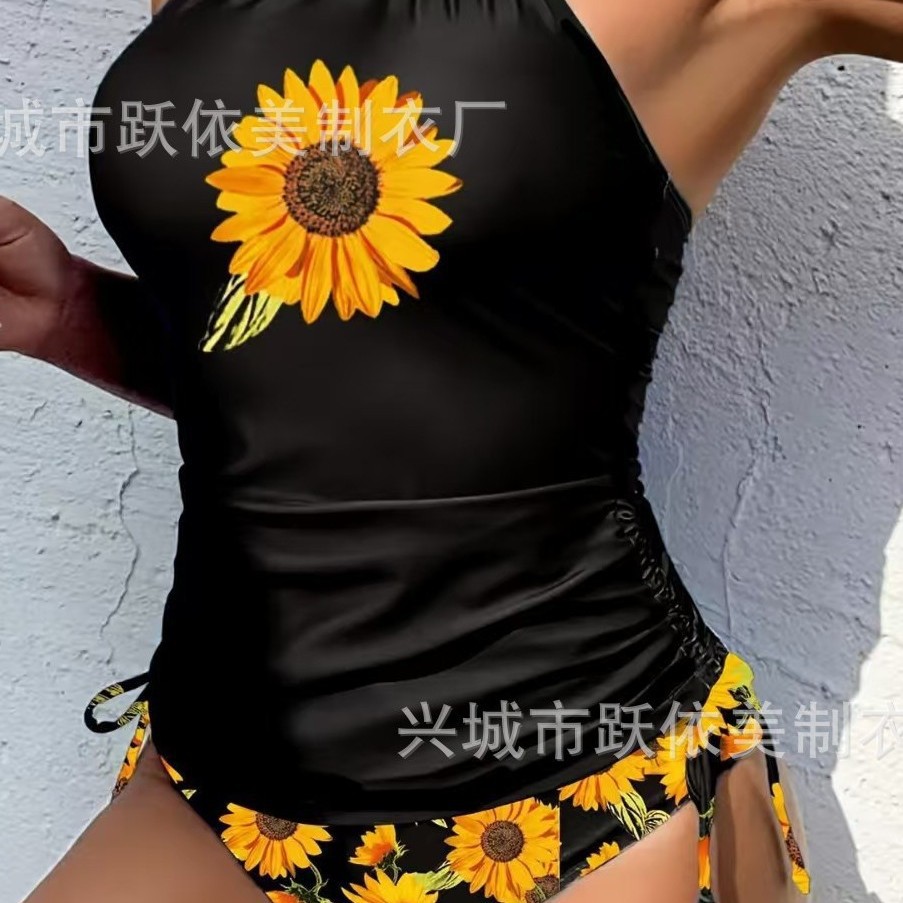 2025 New Swimsuit Split Print High Waist Halterneck Drawstring Slimming Look Belly-Covering Backless Sunflower Sexy Split Swimsuit