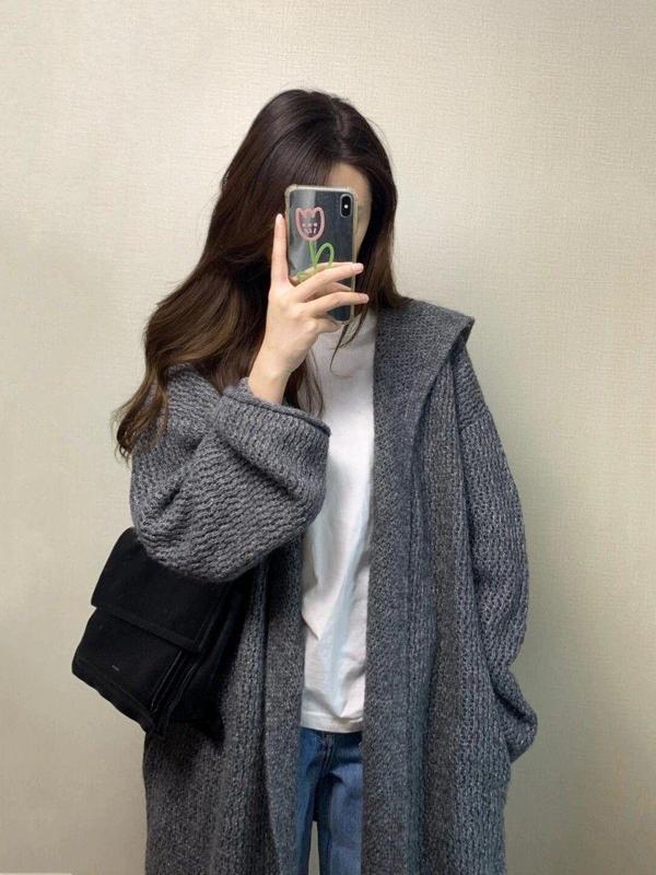 早秋季韩系气质灰色中长款连帽毛衣外套女宽松慵懒松弛感针织开衫|undefined