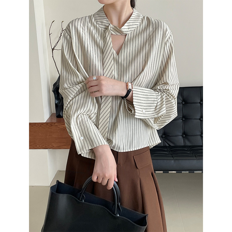 Aokawa Korean Style High-end Style Piao Striped Shirt Women's Autumn Unique Chic Fashion Long-sleeved Top 2588