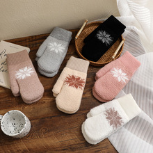 韩国ins可爱的雪花图案羊羔毛冬季连指手套学生加厚保暖防寒毛绒