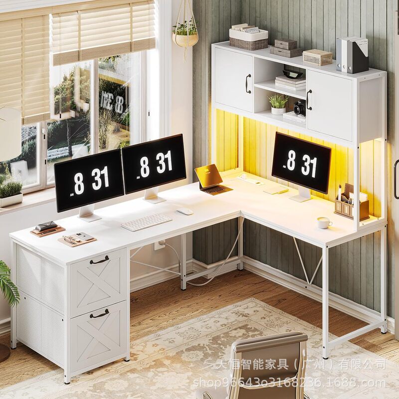 White L-Shaped Desk Farmhouse Home Office Desk with Fabric File Drawer and Power Outlet Corner