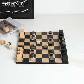 创意现代极简实木棋盘国际象棋摆件售楼处酒店桌面设计师软装饰品