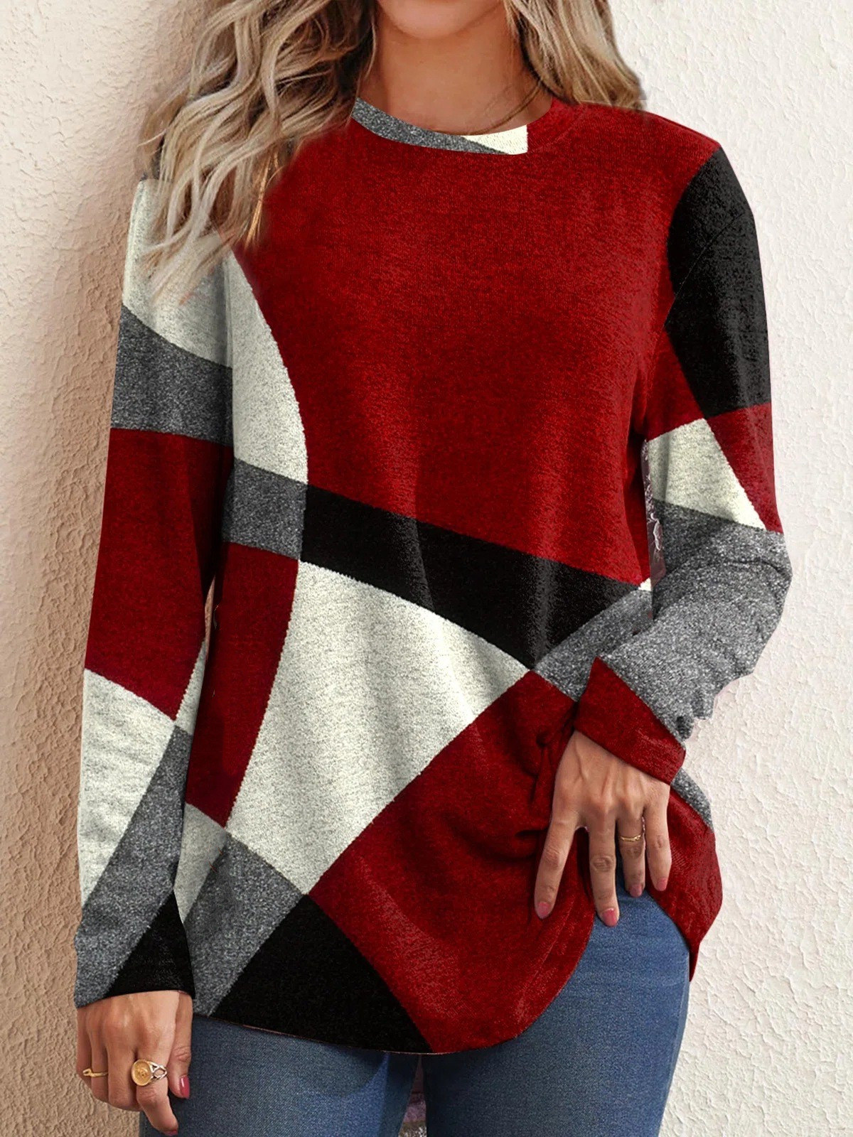 Fashion Geometric Cotton Blend Round Neck Long Sleeve Regular Sleeve Printing Patchwork T-shirt display picture 4