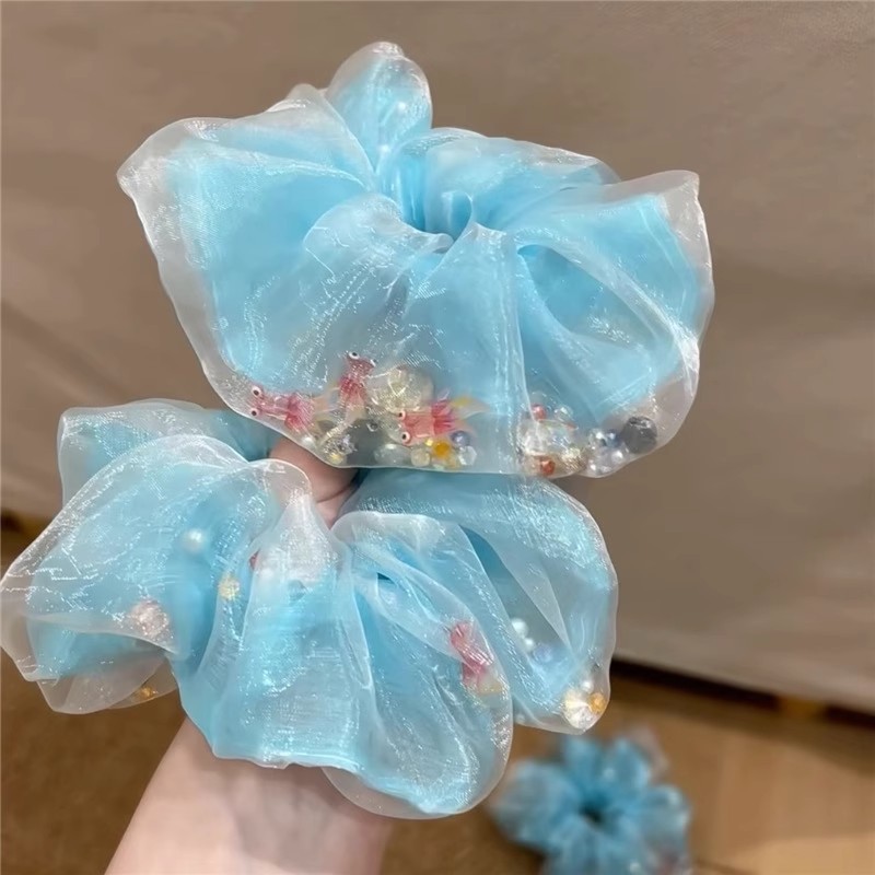 Pez dorado azul de satén de varias capas hecho a mano, anillo para el cabello de intestino grueso, verano femenino, nueva cuerda para la cabeza grande, accesorios para el cabello