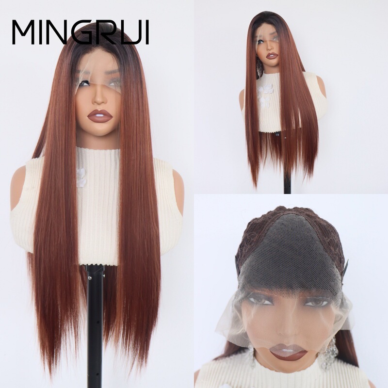 Cross-Border Wig for Women, Front Lace, Red-Brown Gradient, Long Straight Hair, Synthetic Fiber, High-Temperature Silk, Cos Full Head Wig