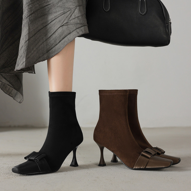 Elegant Square-Toe Stiletto Heels with Bowknot Patchwork Slim Elastic Short Boots for Women, Vintage Cowhide Short Boots