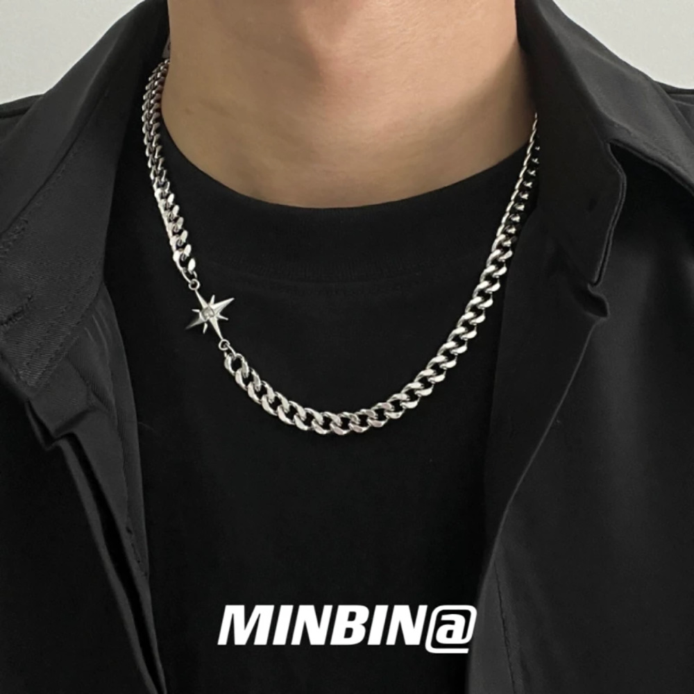 Star Mans Stitching Cuban Chain Titanium Steel Necklace Men's and Women's Trendy Brand Niche Design Sense Hip Hop Boys Clavicle Chain Not Falling