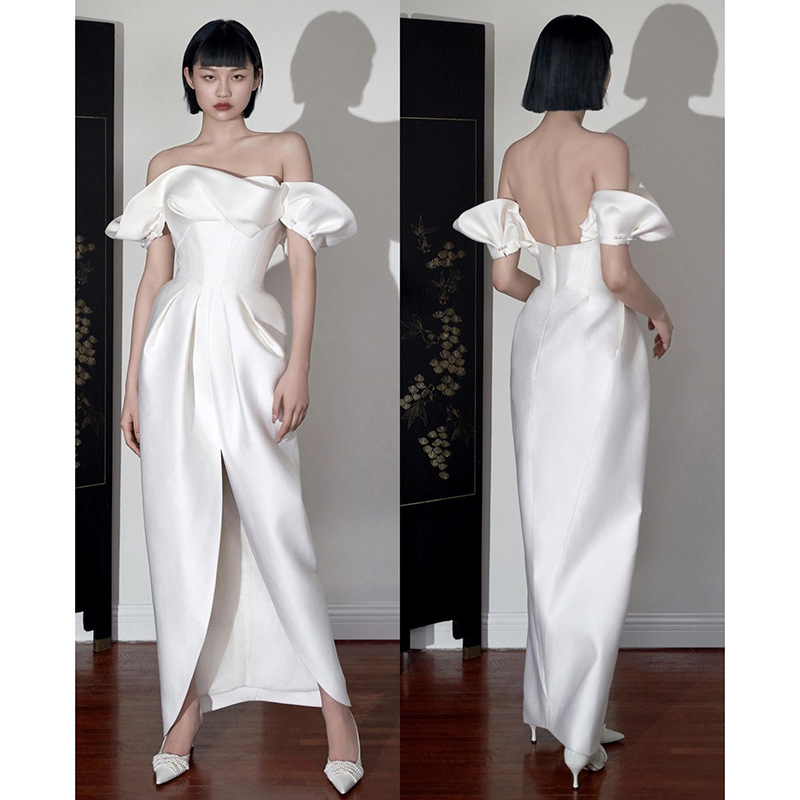 White Satin Light Wedding Dress French Style Bride Simple Welcome Out-of-the-way Yarn Off-shoulder Sexy Split Engagement Dress