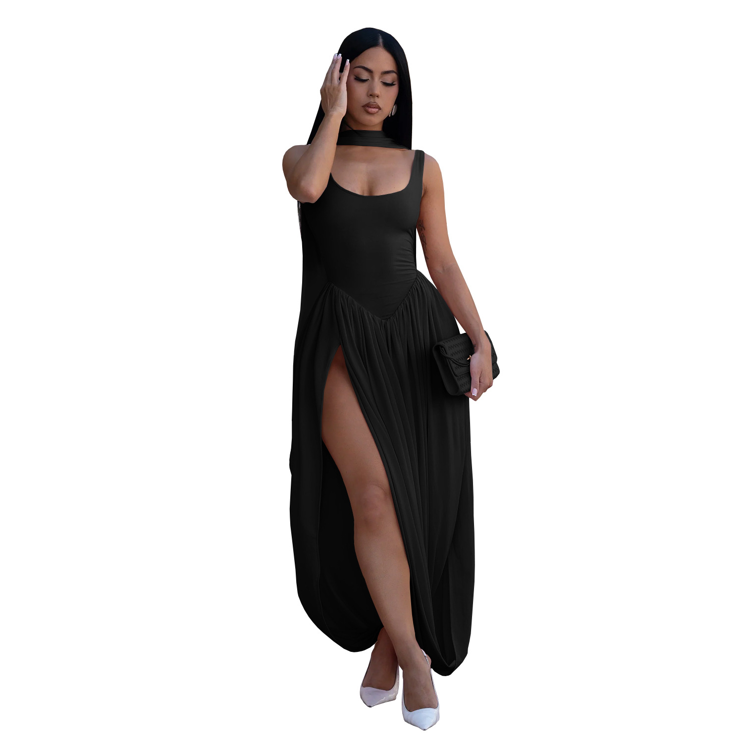 C7659 Aliexpress transfronterizo Amazon Europa y América de moda femenina sexy color sólido vestido de banda bifurcada