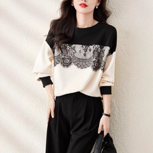 品质秋冬女装圆领尾单蕾丝针织衫休闲欧美拼接宽松卫衣设计感上衣