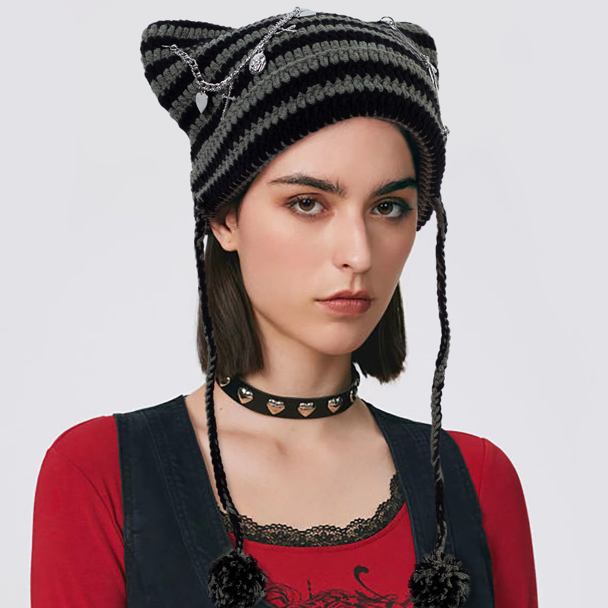 Süße kleine Teufel gestreifte gestrickte Wollmütze weibliche Herbst und Winter coole trendige Katzenohren süße Pullover kalte Mütze_voghion.com