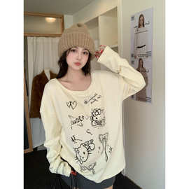 日系卡通印花U领长袖T恤女早秋学院风宽松休闲百搭打底衫