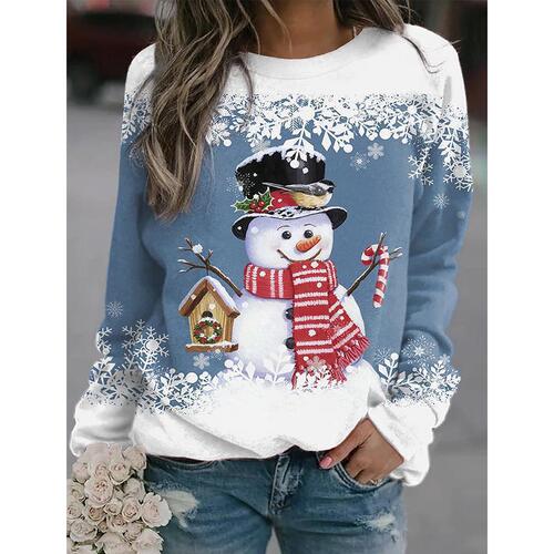 New Women's Christmas  Snowman Print Wish Crew Neck Long Sleeve Casual Loose T-Shirt Top