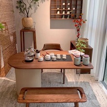 Ts奶油风实木原木茶桌现代简约亚克力家用阳台圆脚小茶台茶桌椅组