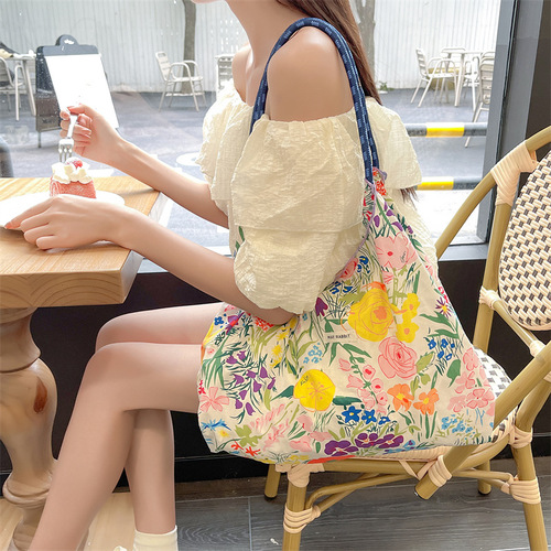 Korean-style summer large capacity hand-held shoulder bag drawstring shopping bag fresh floral tote bag underarm bag cotton bag