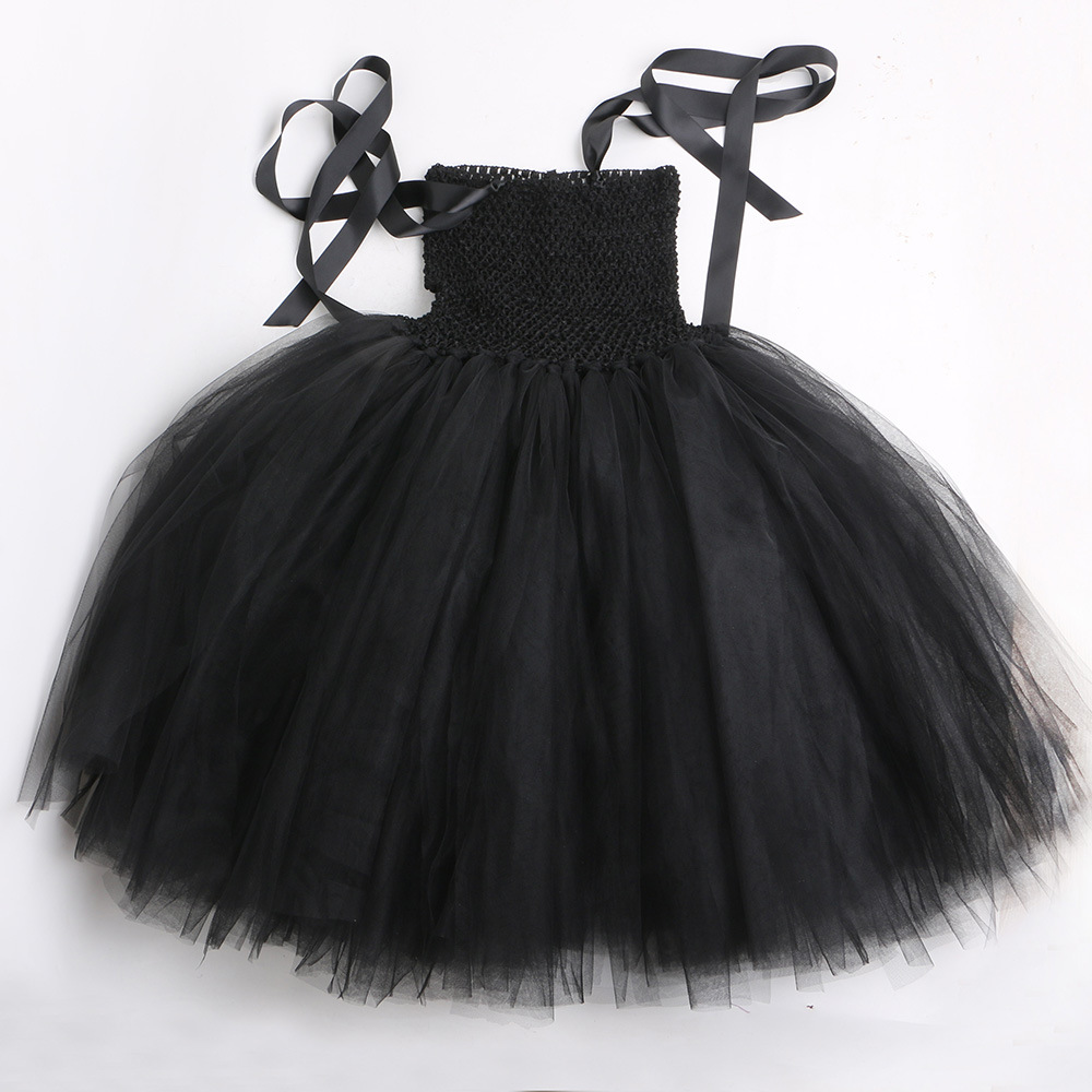 Ropa para niños Vestido de bruja maléfica Capa de plumas Disfraz de Halloween para niños Vestido de malla negro para niña gótica_voghion.com