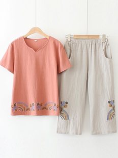 Summer Mom Short-Sleeved Two-Piece Suit Middle-Aged Women's Large Size Cotton Embroidered Fashion T-Shirt Middle-Aged and Elderly Style Tops
