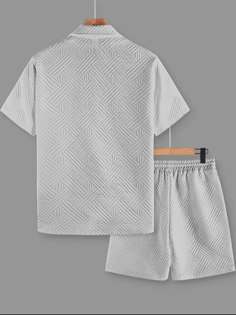 Men's Solid Colour Jacquard Shirt And Shorts Casual Summer Set_voghion.com