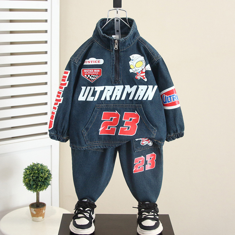 6142 Ultraman traje de mezclilla para niños modelos de primavera y otoño ropa de otoño de estilo occidental para niños 2024 nuevo abrigo fresco para bebés