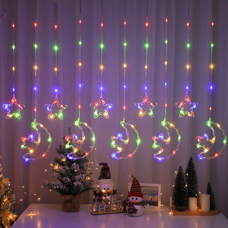 Star Moon copo de nieve cortina de luz de cuero línea de Luz color de la estrella Cadena de luz de cuero tira de hielo habitación atmósfera luz decorativa de Navidad