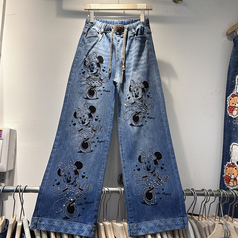 European Export Heavy-Duty Rhinestone Cartoon Anime Denim Wide-Leg Pants for Women, Elastic Waist, Slimming, Fashionable, Versatile Long Pants European Export Heavy-Duty Rhinestone Cartoon Anime Denim Wide-Leg Pants for Women, Elastic Waist, Slimming, Fashionable, Versatile Long Pants