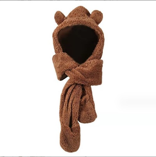 Winter New Warm Thick Fleece Plush Rabbit Ear Animal Hat Gloves Scarf Bear Set Hat Factory